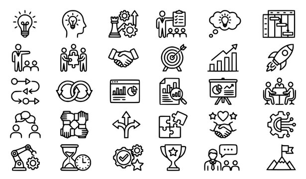 Produce a professional vector illustration containing 30 creative business management linear icons arranged in a symmetrical circular composition on a solid pure white background. Include creative ide