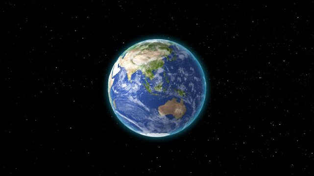 A detailed cinematic view of the planet earth rotating in the dark void of space with visible continents and a faint atmospheric