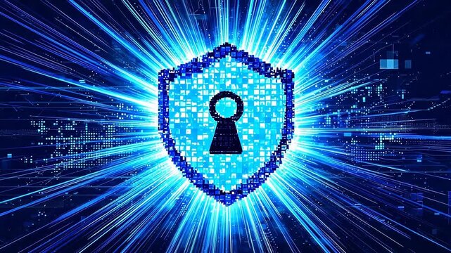 Digital Security Shield with Blue Light Burst and Pixelated Keyhole Icon