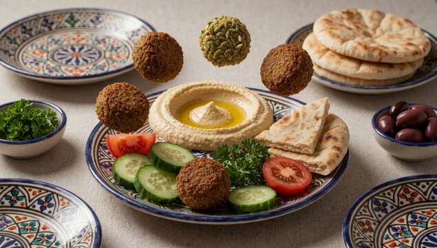 Table variety food items arranged there plates blue white patterns floral design other geometric left plate fa