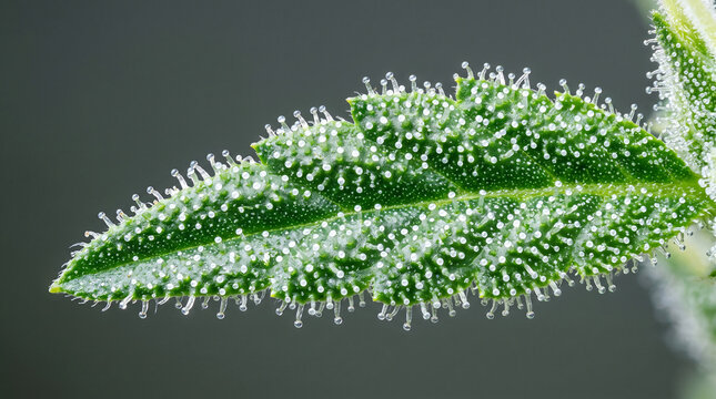 Extreme macro of a green plant leaf covered in shiny resinous trichomes