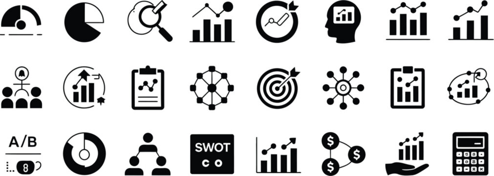 Analytics icon set featuring 25 solid icons for data analysis, KPI, ROI, dashboards, reports, marketing metrics, and business performance visualization.