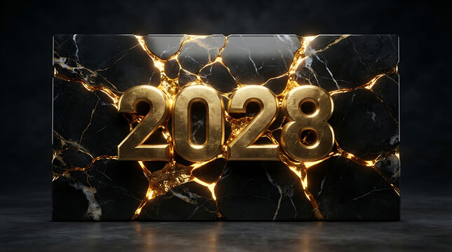 Golden 2028 numbers embedded in cracked black marble stone texture for new year celebration background design
