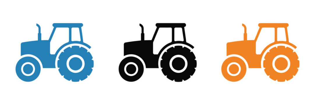 Farm tractor icon set, agricultural machinery symbols, solid outline and sketch style, farming equipment vector illustration.