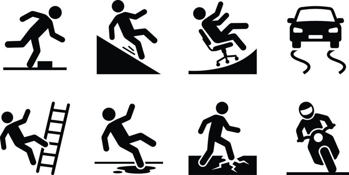 Accident and slip hazard icon set with falling from ladder, tripping, slipping, and skidding car vector