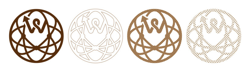 Abstract global network logo set, circular geometric earth icons in brown and beige, 4 vector globe symbols for corporate identity and logistics © Shameem