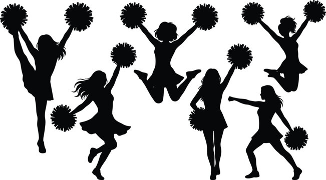 Silhouettes of cheerful cheerleaders jumping and dancing with pom poms in action
