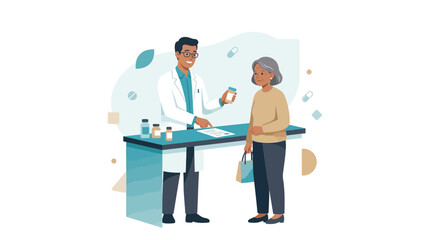 Fototapeta premium Pharmacist Consulting Senior Patient: Prescription Advice, Healthcare, and Medicine