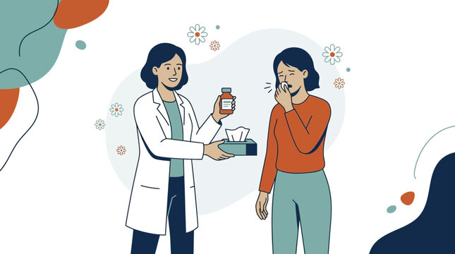 Pharmacist Consults Patient Suffering From Allergies and Cold Symptoms, Offering Medication and Tissues