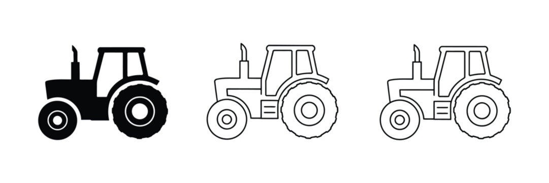 Farm tractor icon set, agriculture vehicle and rural work symbols, farming machinery, editable vector illustration