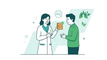 Fototapeta premium Pharmacist counseling patient on medication and healthy lifestyle, including smoking cessation and lung health.