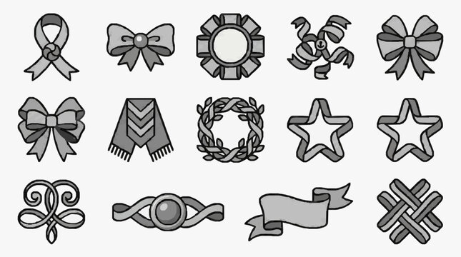 Sleek Minimalist Black and Gray Decorative Ribbon Bow Star Wreath and Medal Icon Set for Digital Design