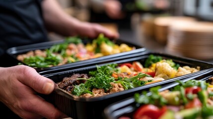 Obraz premium Hands holding black meal prep containers filled with colorful fresh ingredients like greens meat and vegetables