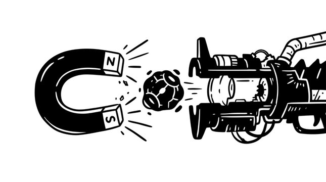 A stylized illustration of a horseshoe magnet pulling a spherical object from a futuristic weapon.