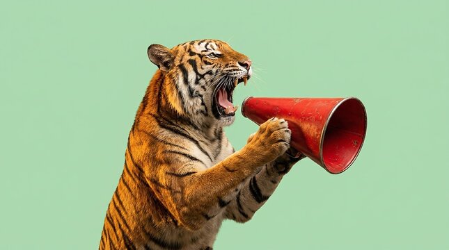 Fierce tiger roaring into a red megaphone.
