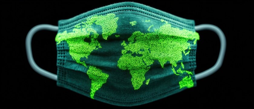 Protective face mask with green glowing world map print isolated on black background conceptual design representing global health pandemic