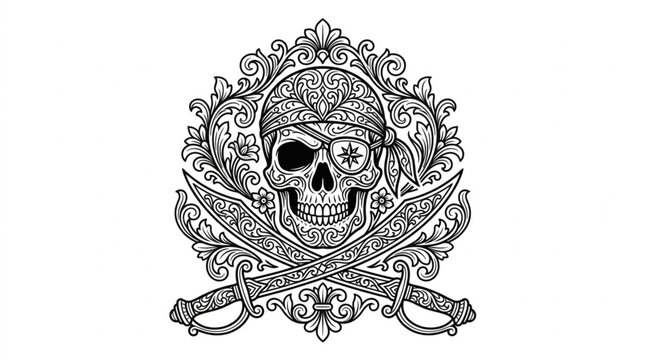 Intricate Skull and Swords Ornamental Design.
