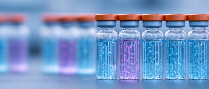 Row of glass medical vials with blue purple liquid solution for pharmaceutical research vaccine development