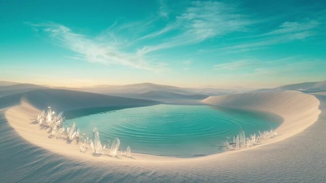 Surreal Desert Oasis with Crystal Formations and Tranquil Turquoise Water Under a Bright Sky