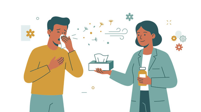 Pharmacist counseling patient with allergies and sneezing, offering tissues and medication for seasonal allergy relief.