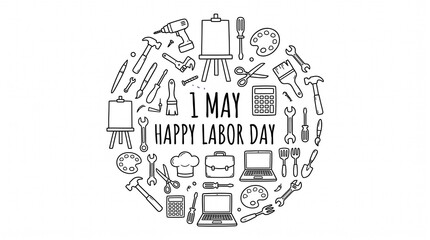 Fototapeta premium Happy Labor Day 1 May greeting, professional work tools and equipment icons in circle, minimalist black line art on white background