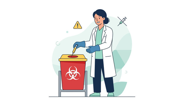 Healthcare professional safely disposes of syringe in biohazard waste bin with caution symbol