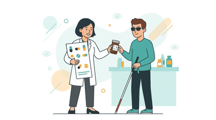 Fototapeta premium Pharmacist counseling blind patient with medication, illustration of healthcare and accessibility