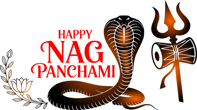 Happy Nag Panchami greeting vector design featuring a hooded cobra snake Lord Shiva trishul and damru with floral lotus branch accents in red and orange gradient isolated on a white background.