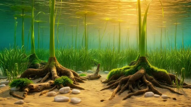 Underwater View of Lush Green Water Plants with Exposed Tree Roots Growing on a Sandy River Bed