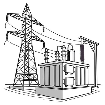 Black and white line of an electrical substation with a large power tower and transformer equipment on a white background