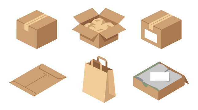 Set of isometric cardboard packaging and shipping items