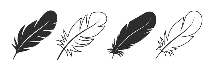 Feather vector icon set, black bird feather shapes, solid, outline and flat style, transparent PNG illustration. ©   