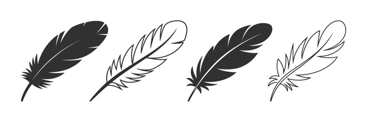 Feather vector icon set, black bird feather shapes, solid, outline and flat style, transparent PNG illustration. ©   