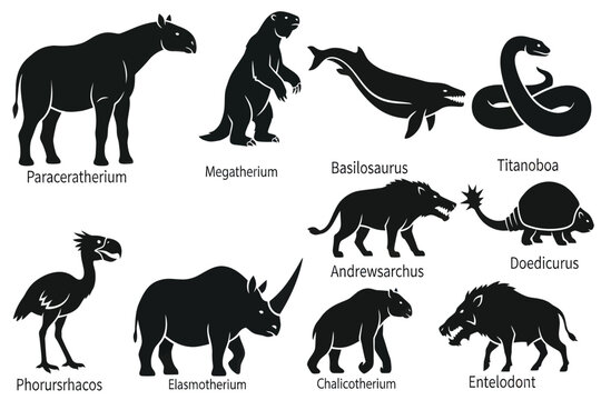 Prehistoric Mammals & Megafauna Icons Set | Paraceratherium, Megatherium, Titanoboa Vector Collection