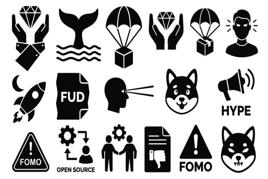 Collection of Black and White Icons Representing Various Concepts and Symbols