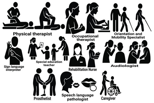 Rehabilitation & Therapy Healthcare Icons Set | Physical Therapy, Audiology, Caregiver & Special Education Vector Collection