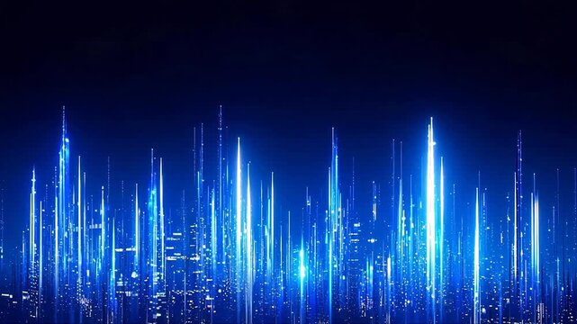 Futuristic Blue Digital City Skyline with Glowing Light Beams and Data Streams