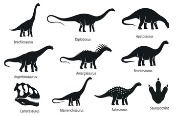 Silhouette of Various Dinosaur Shapes in Black on White Background, Educational and Scientific Illustration © Rashedul Haque Sakib