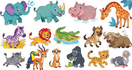 Fototapeta premium Cartoon African savanna animals in colorful educational wildlife illustration