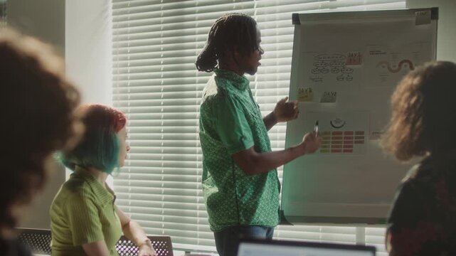 Young African American businessman with dreadlocks pointing at business graphs on flipchart while leading presentation for diverse coworkers during meeting in office