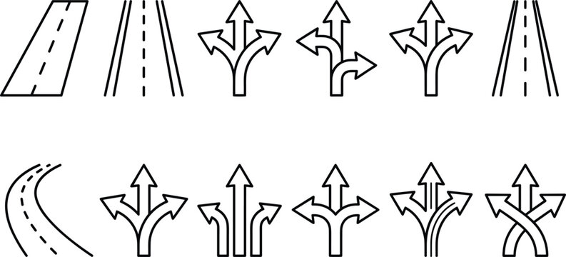 Road direction and highway navigation line icon set with asphalt paths, splits, intersections, and multiway arrows vector