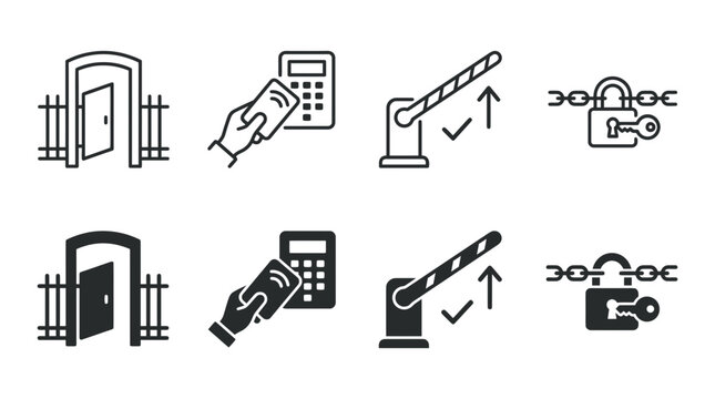 Security entrance and access control icons featuring gate barrier card reader and locked chain security entrance
