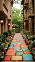 Fototapeta premium Garden walkway with rectangular multicolored stone pavers.