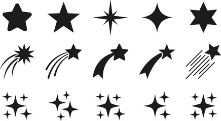 Star and sparkle silhouette icon set with shooting stars, twinkle shapes, and shiny bursts vector © Shukimon