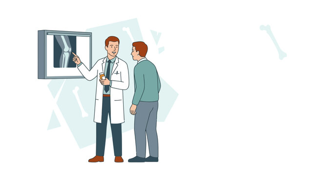 Doctor consulting patient about X-ray image of knee joint, medical healthcare and diagnosis concept, flat design illustration