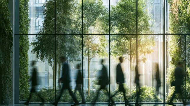 Silhouettes of business people walking past a living wall inside a modern office
