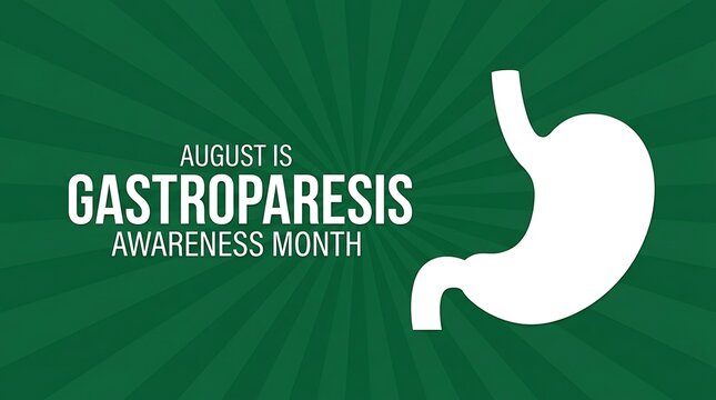 August is gastroparesis awareness month informational graphic with simple stomach outline and text graphic.