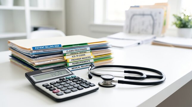 Medical billing folders and calculator with stethoscope on white desk