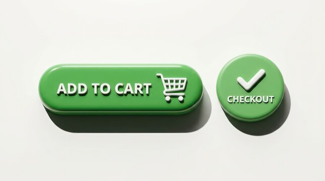 Green add to cart button and checkout icon with check mark on white background.