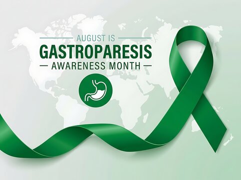 August is gastroparesis awareness month green ribbon and stomach icon on world map background vector illustration.